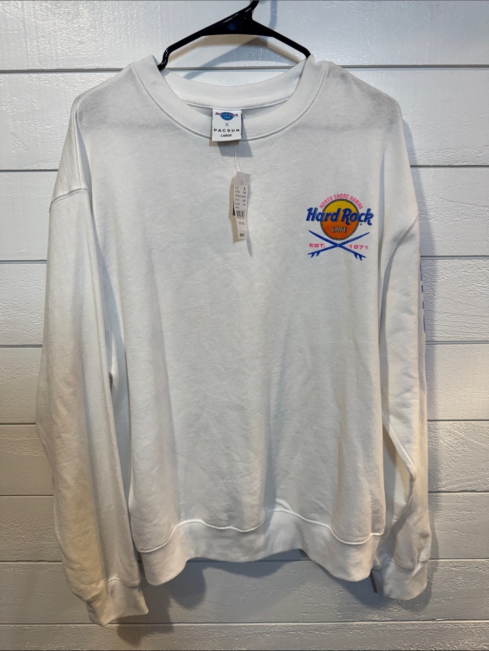 NWT PACSUN Hard Rock Cafe White Crewneck with Blue & Yellow Logo- LARGE
